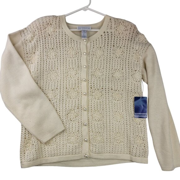 Robert Scott Seed Pearl Beaded Crochet Cardigan Large Ivory Lambswool Acrylic - Picture 1 of 10
